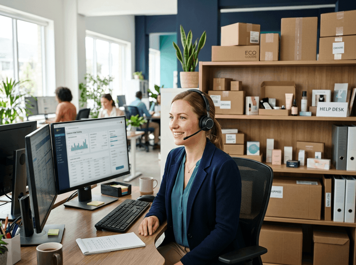 Ecommerce customer care agent with a headset in front of shelves of shipping boxes