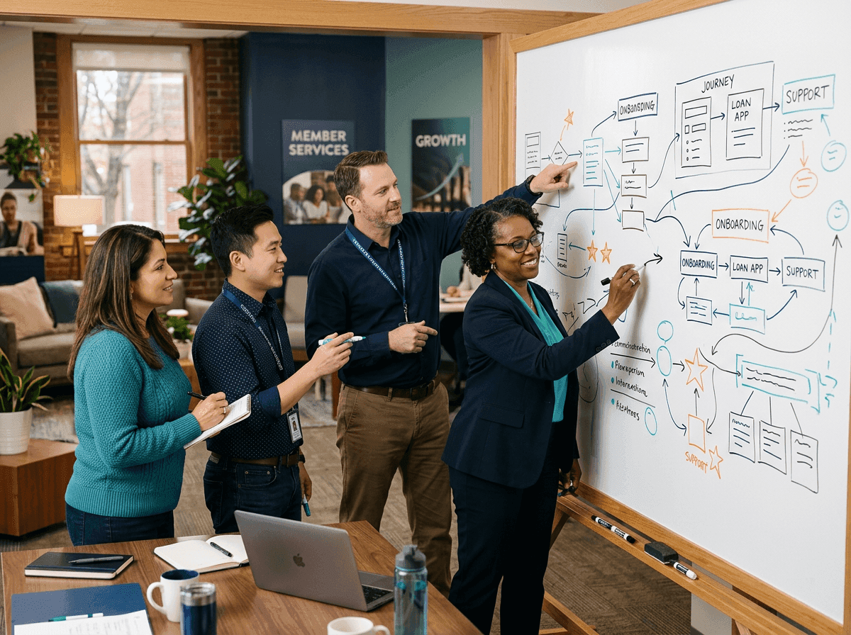 Credit union leaders and a consultant sketching member journey flows on a whiteboard