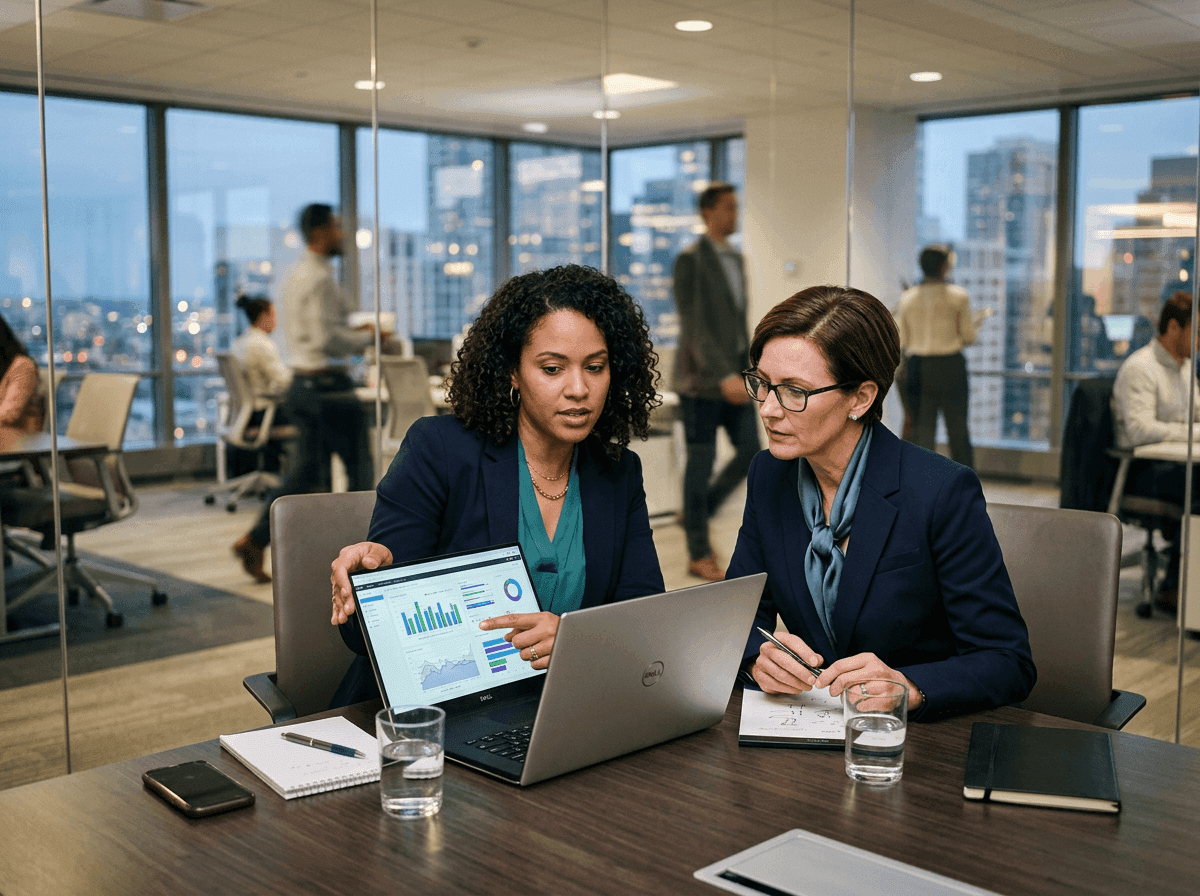 Consultant and insurance operations leader reviewing call analytics on a laptop