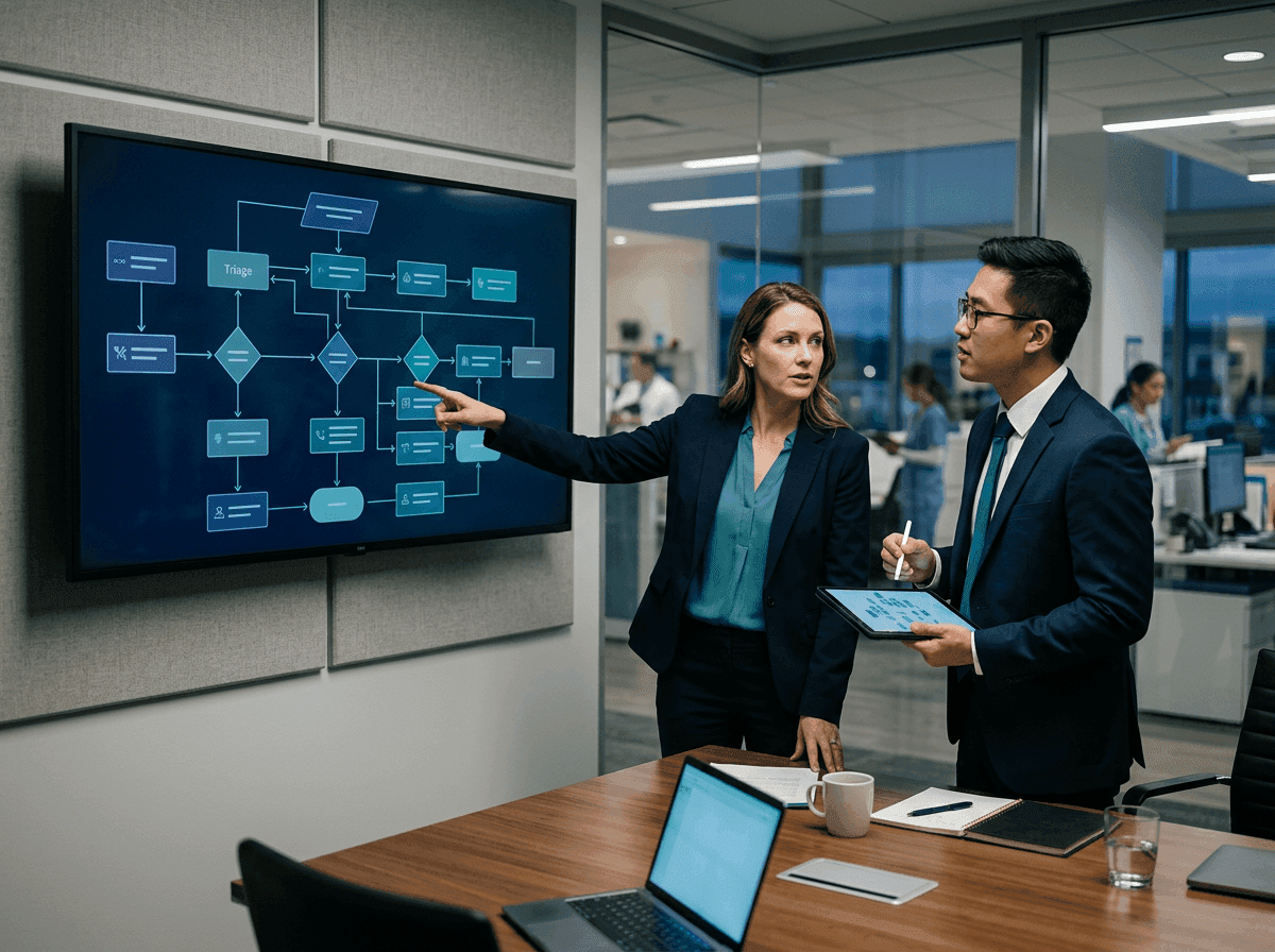 Consultants reviewing a patient call flow diagram on a wall monitor