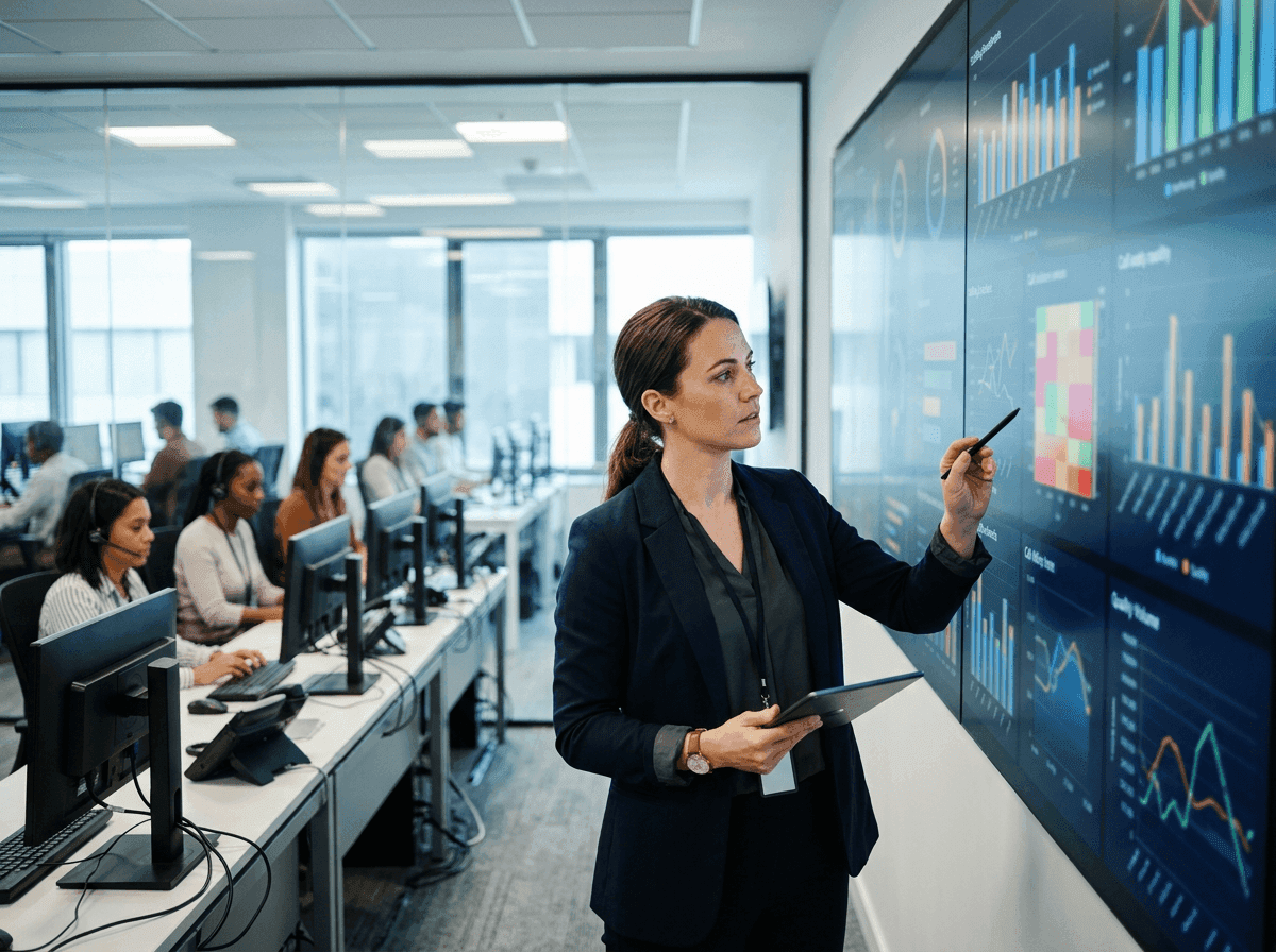 Workforce management analyst reviewing NiCE CXone staffing and quality dashboards
