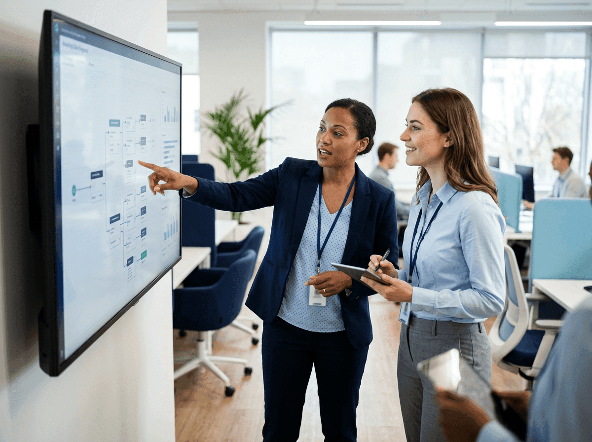 Consultants reviewing a Five9 IVR call flow on a wall monitor