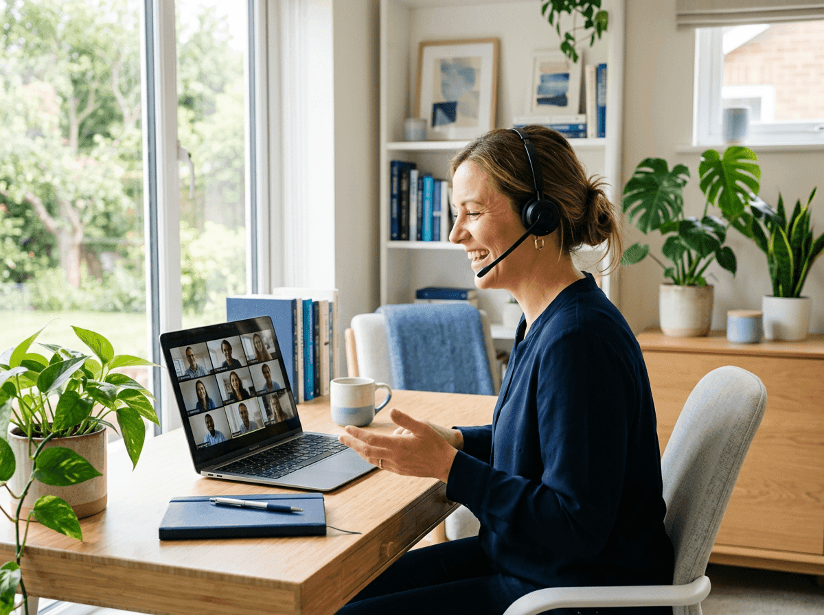 Remote consultant on a video call from a home office