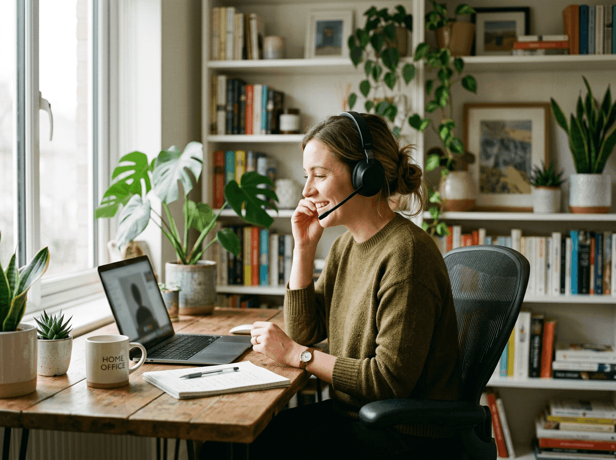 Remote support agent helping a customer through Zoom Contact Center from a home office